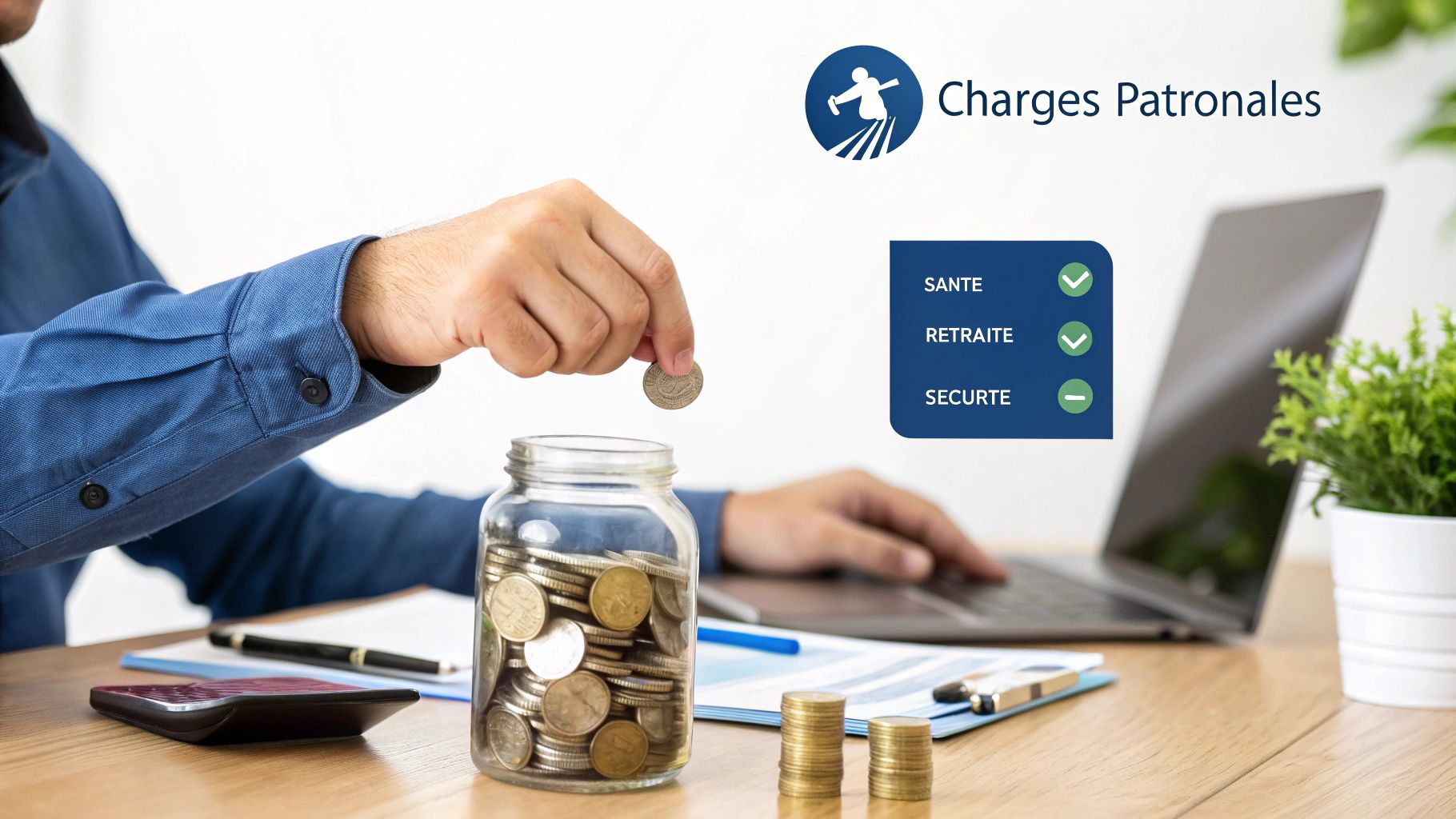 Une main met une pièce dans un pot d'argent, symbolisant les charges patronales pour la santé, la retraite et la sécurité.