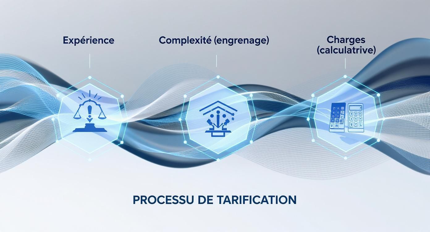 Infographie du processus de tarification illustrant l'expérience, la complexité et les charges avec des icônes hexagonales.