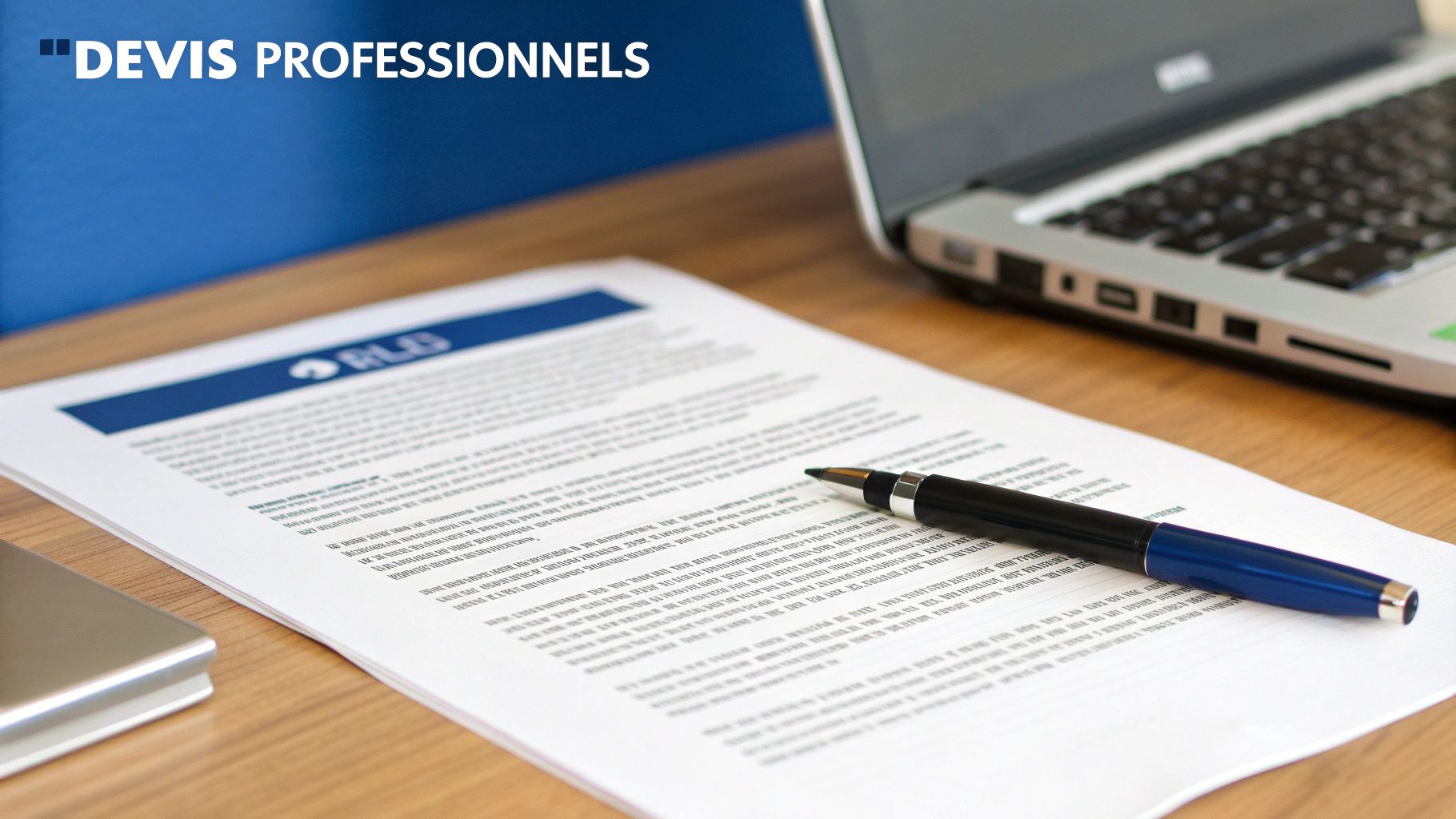 Un document avec un stylo sur un bureau en bois, un ordinateur portable en arrière-plan et le titre "DEVIS PROFESSIONNELS".