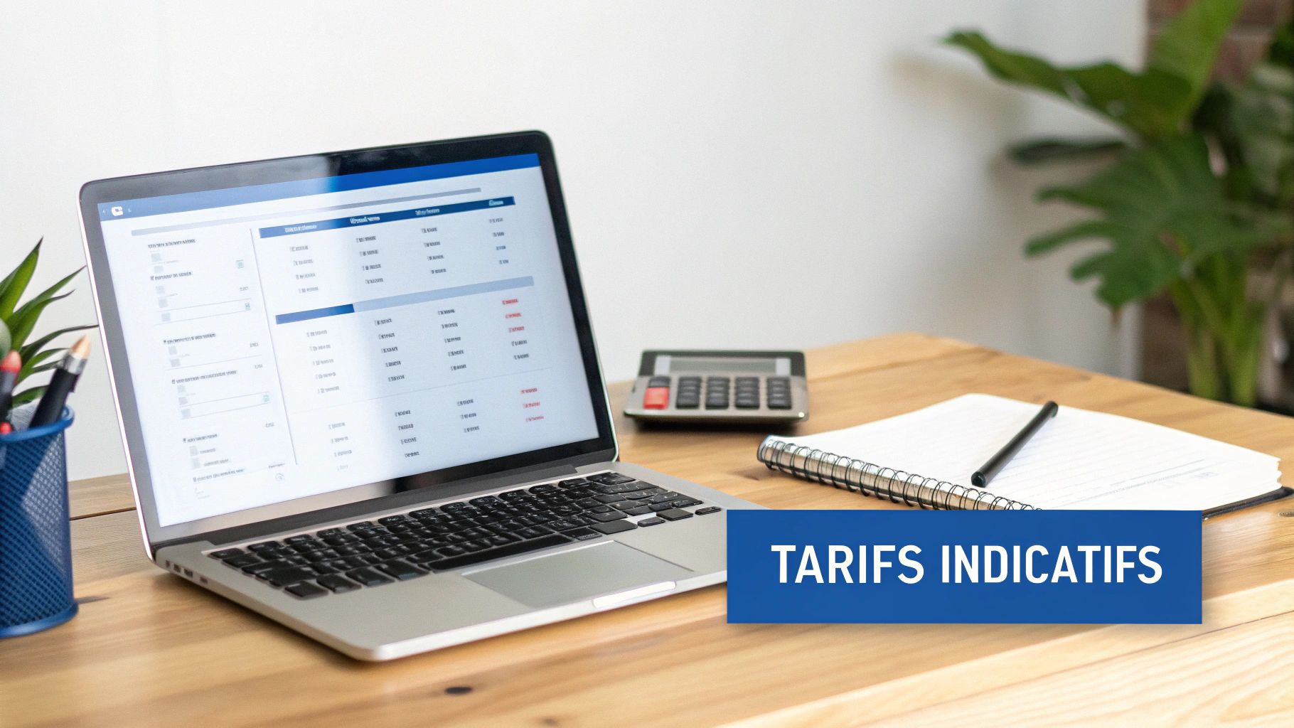 Vue de près d'un bureau avec un ordinateur portable, une calculatrice et un cahier. Le texte "TARIFS INDICATIFS" est visible.