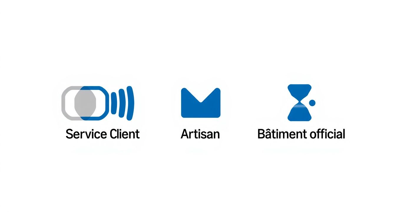 Trois icônes distinctes représentant le service client, un artisan et un bâtiment officiel sur fond blanc pur.