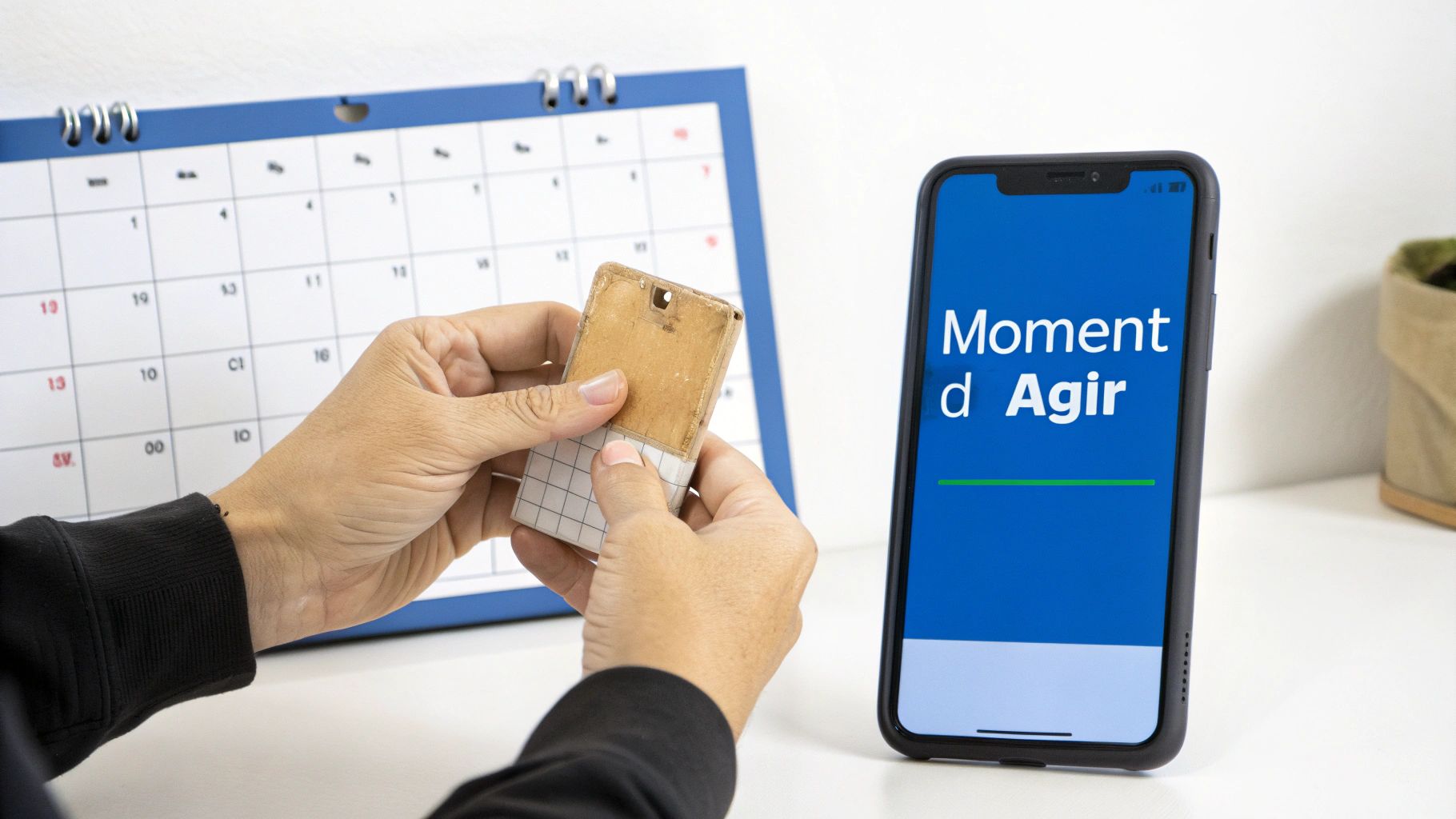 Gros plan sur des mains tenant un objet quadrillé, un calendrier et un smartphone affichant "Moment d Agir".