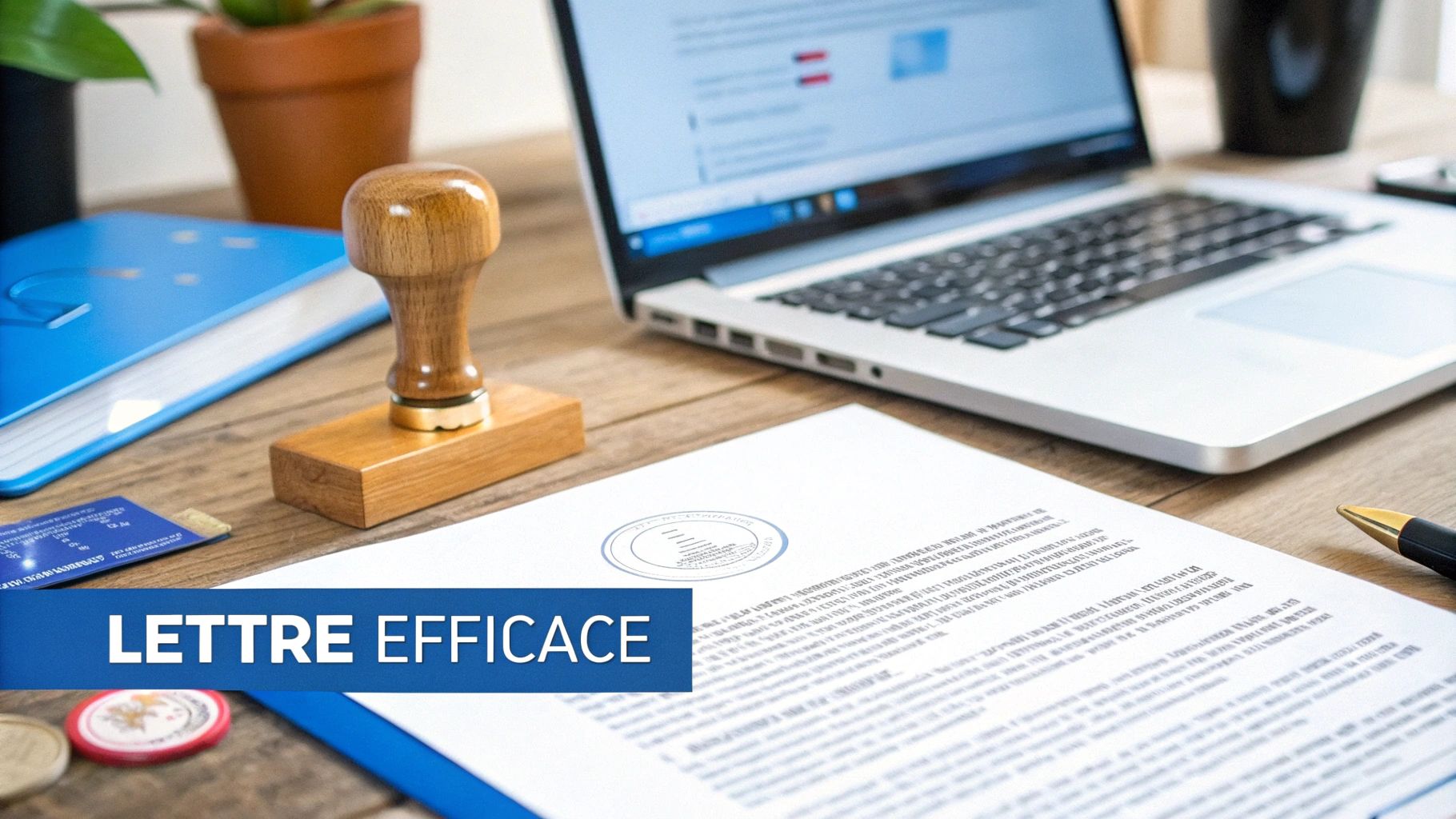 Bureau avec ordinateur portable, document important, tampon en bois, cahier bleu et stylo, représentant une lettre efficace.