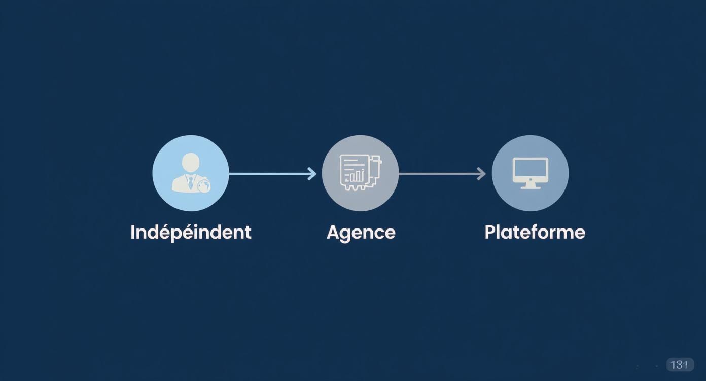 Diagramme de flux montrant le parcours d'un indépendant vers une agence, puis une plateforme numérique.