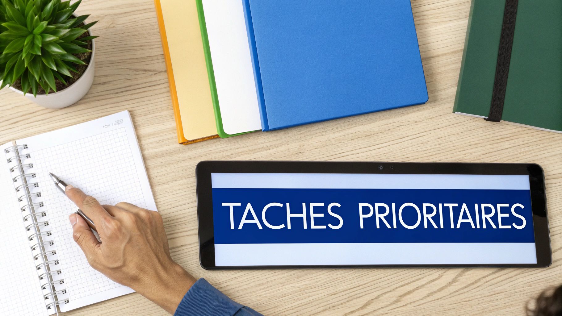 Main tenant un stylo sur un carnet quadrillé, tablette affichant « TÂCHES PRIORITAIRES », dossiers et plante sur un bureau en bois.