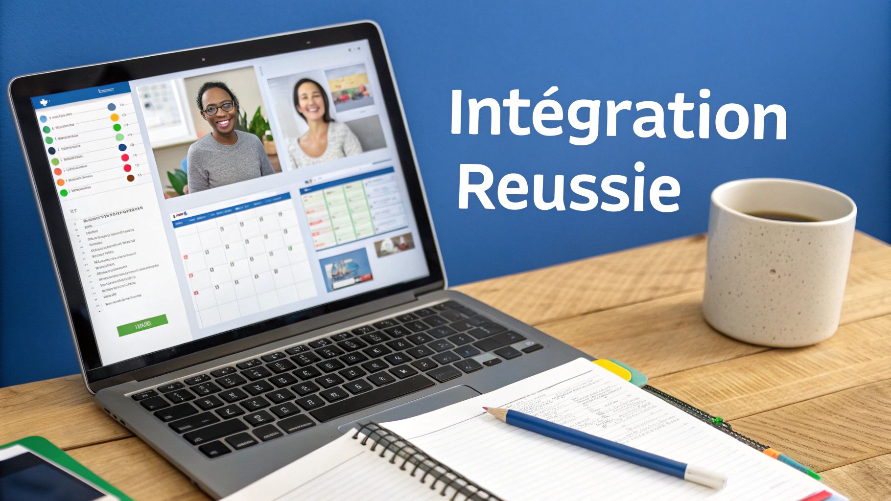 Un ordinateur portable affichant une visioconférence et un calendrier, avec une tasse de café et un carnet. Texte : Intégration Réussie.