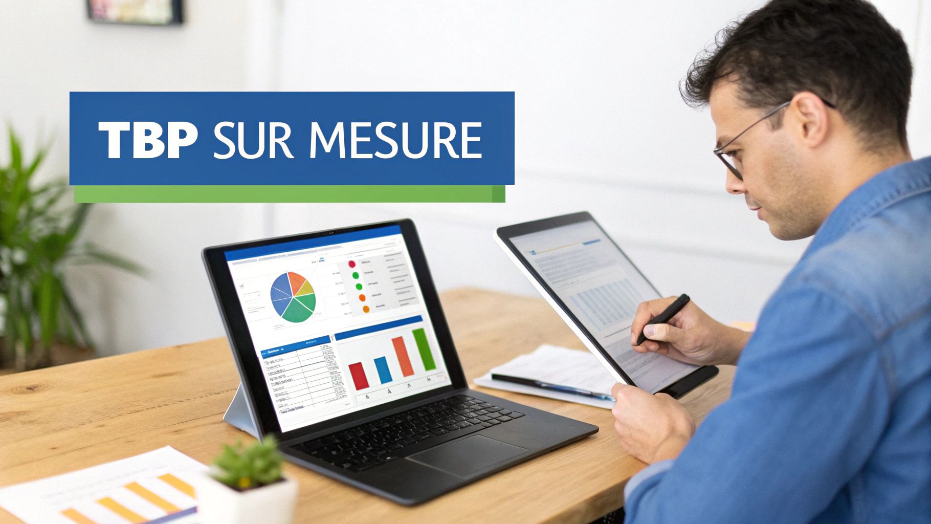 Un homme analyse des données et des graphiques sur un ordinateur portable et une tablette, avec le texte 'TBP SUR MESURE'.