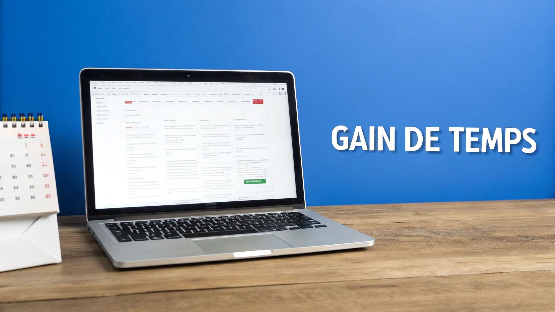 Un ordinateur portable ouvert et un calendrier sur un bureau en bois, avec le texte blanc "GAIN DE TEMPS" sur un mur bleu.