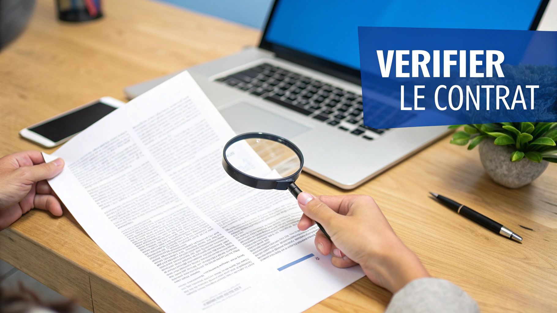 Personne vérifiant attentivement un contrat sur un bureau en bois avec une loupe, un ordinateur portable et un téléphone.