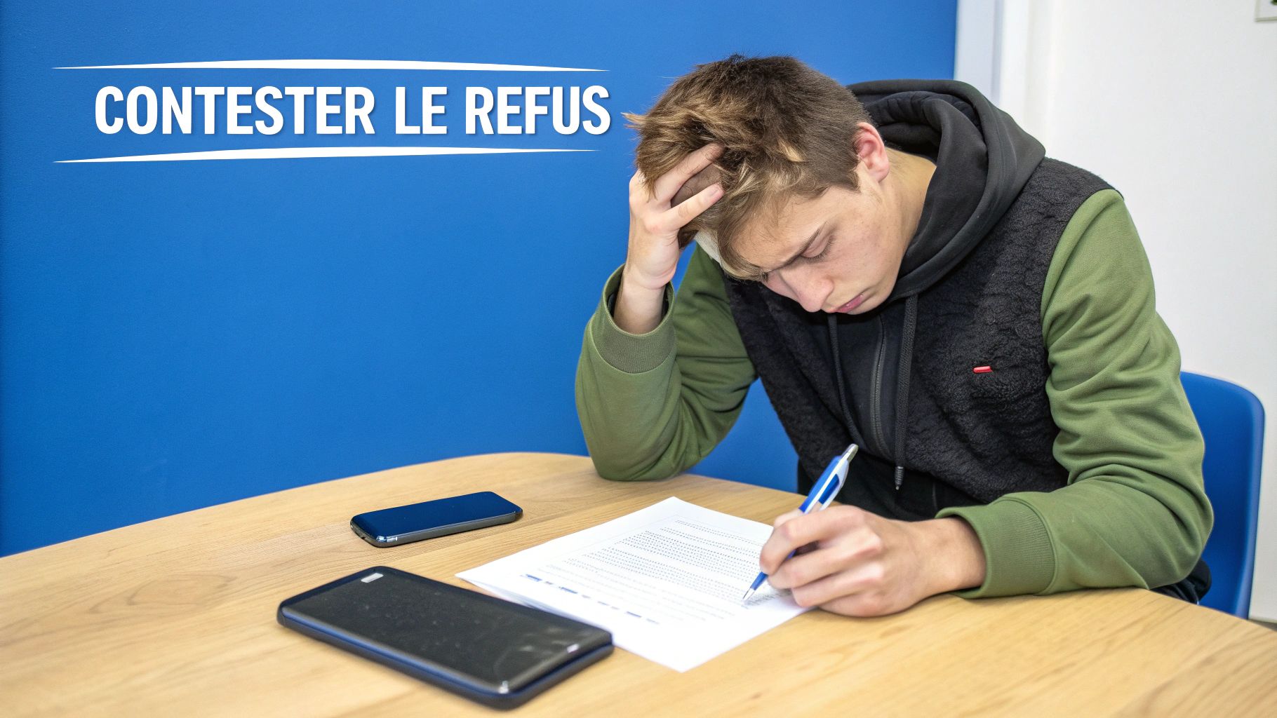 Jeune homme stressé rédige un document sur une table en bois, le texte "CONTESTER LE REFUS" visible en arrière-plan.