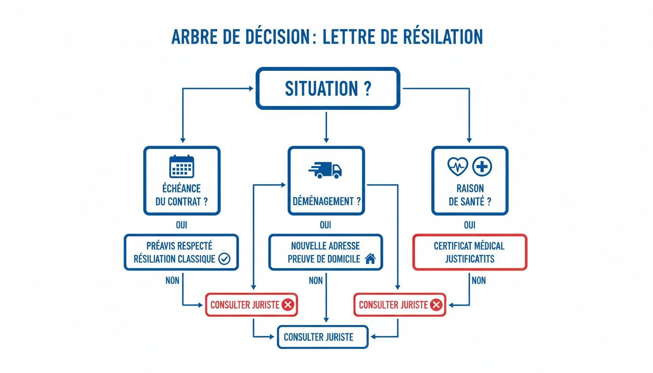 Arbre de décision pour la résiliation d'un contrat, détaillant les démarches selon l'échéance, un déménagement ou une raison de santé.
