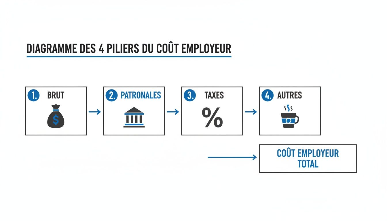 Diagramme explicatif des 4 piliers du coût employeur: brut, patronales, taxes et autres, menant au total.