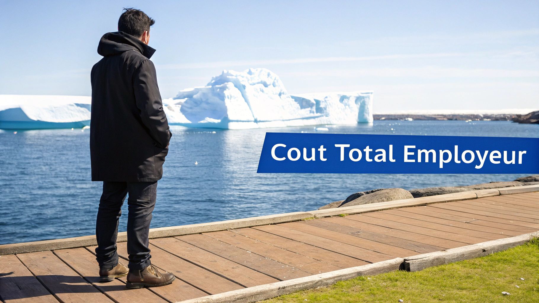 Homme debout sur une passerelle en bois, dos à la caméra, contemplant des icebergs en mer, avec le texte "Cout Total Employeur".