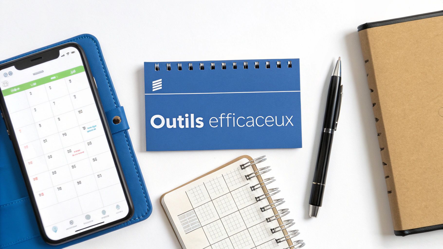 Vue de dessus d'un espace de travail avec un téléphone affichant un calendrier, un carnet bleu, un stylo et un cahier.