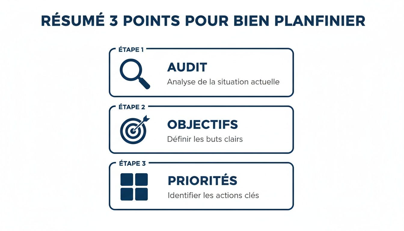 Infographie résumant les 3 étapes clés pour une planification efficace : audit, objectifs et priorités.