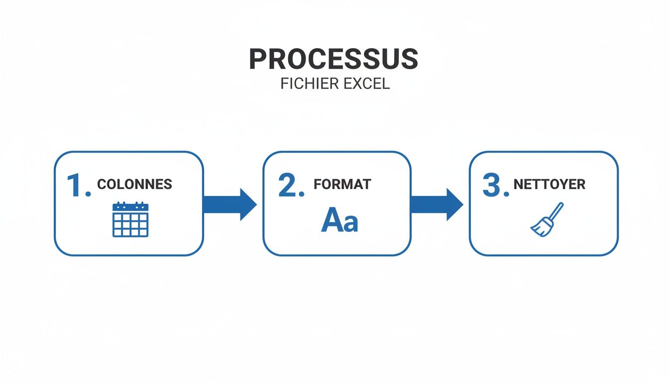 Un diagramme de processus en trois étapes pour la préparation d'un fichier Excel: colonnes, format et nettoyage des données.