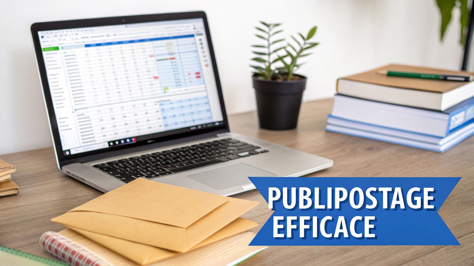 Un ordinateur portable affichant une feuille de calcul, des enveloppes, des livres et une plante sur un bureau en bois. Une bannière bleue indique 'PUBLIPOSTAGE EFFICACE'.