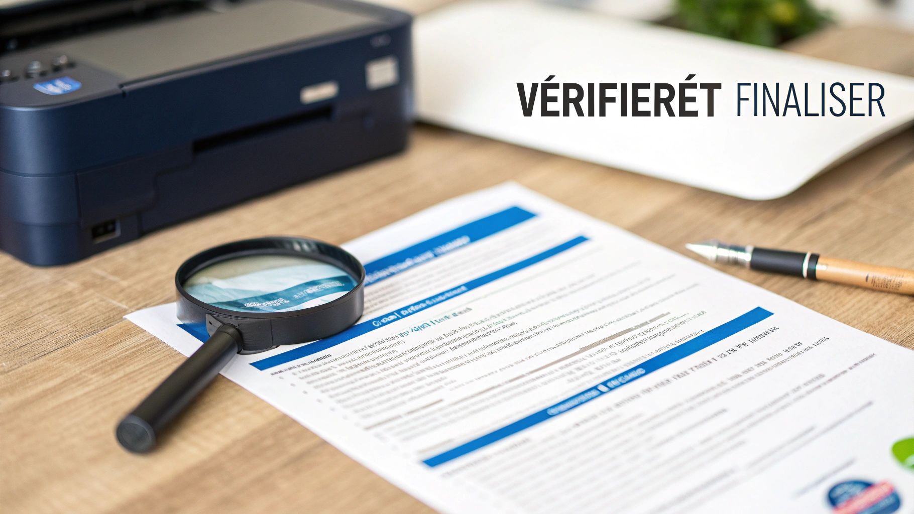 Vérification d'un document important avec une loupe sur un bureau, imprimante en arrière-plan.