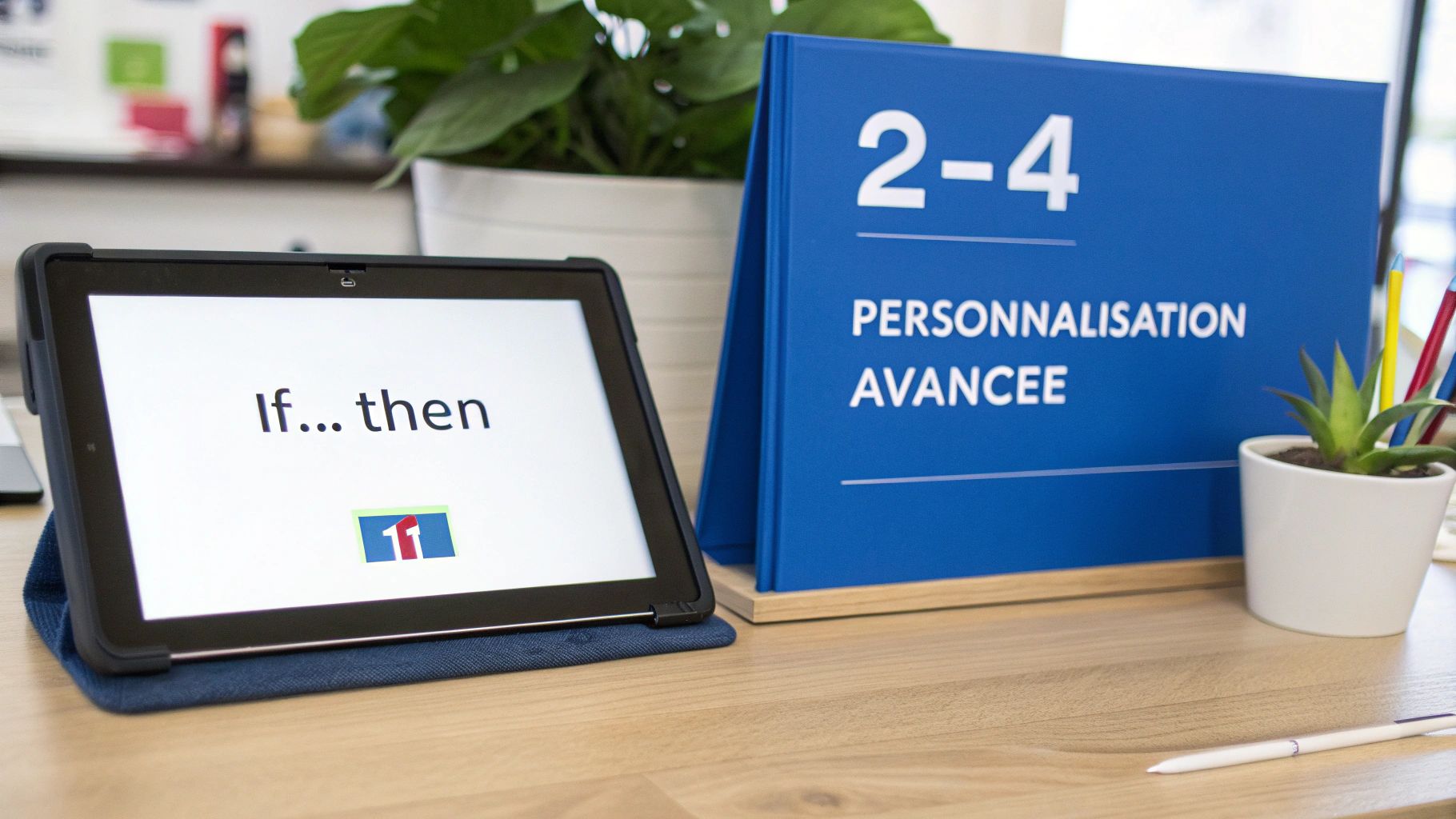 Tablette affichant "If... then" à côté d'une pancarte bleue "2-4 Personnalisation Avancée" sur un bureau en bois.