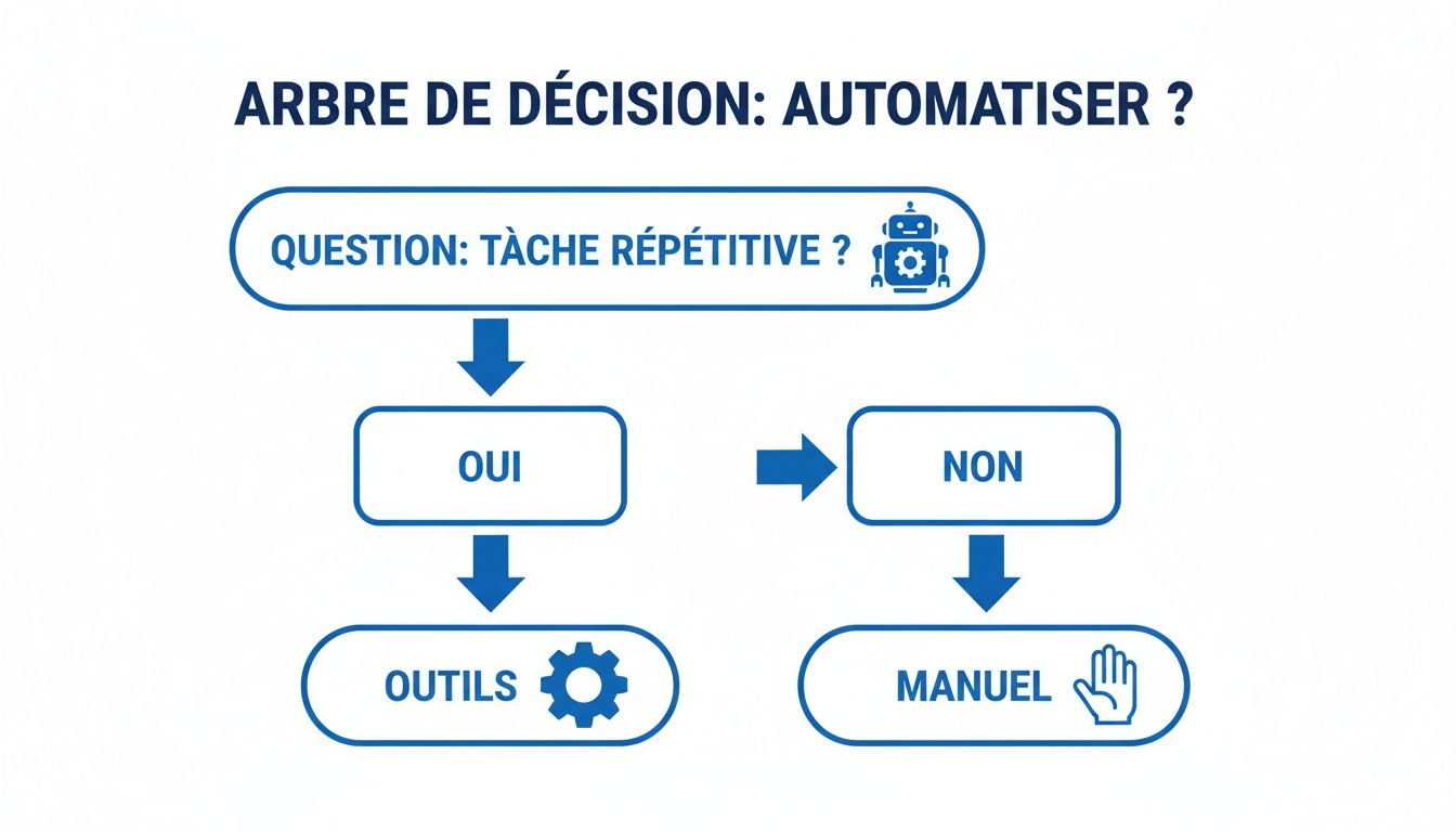 Arbre de décision simple pour déterminer si une tâche répétitive doit être automatisée avec des outils ou gérée manuellement.