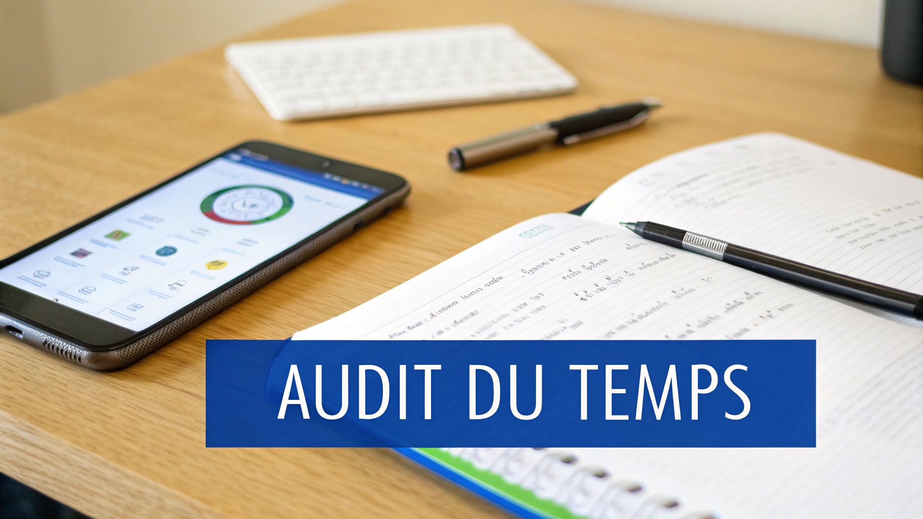 Bureau avec smartphone affichant une application de gestion du temps, carnet de notes et stylo, sur fond de clavier. Texte : Audit du Temps.