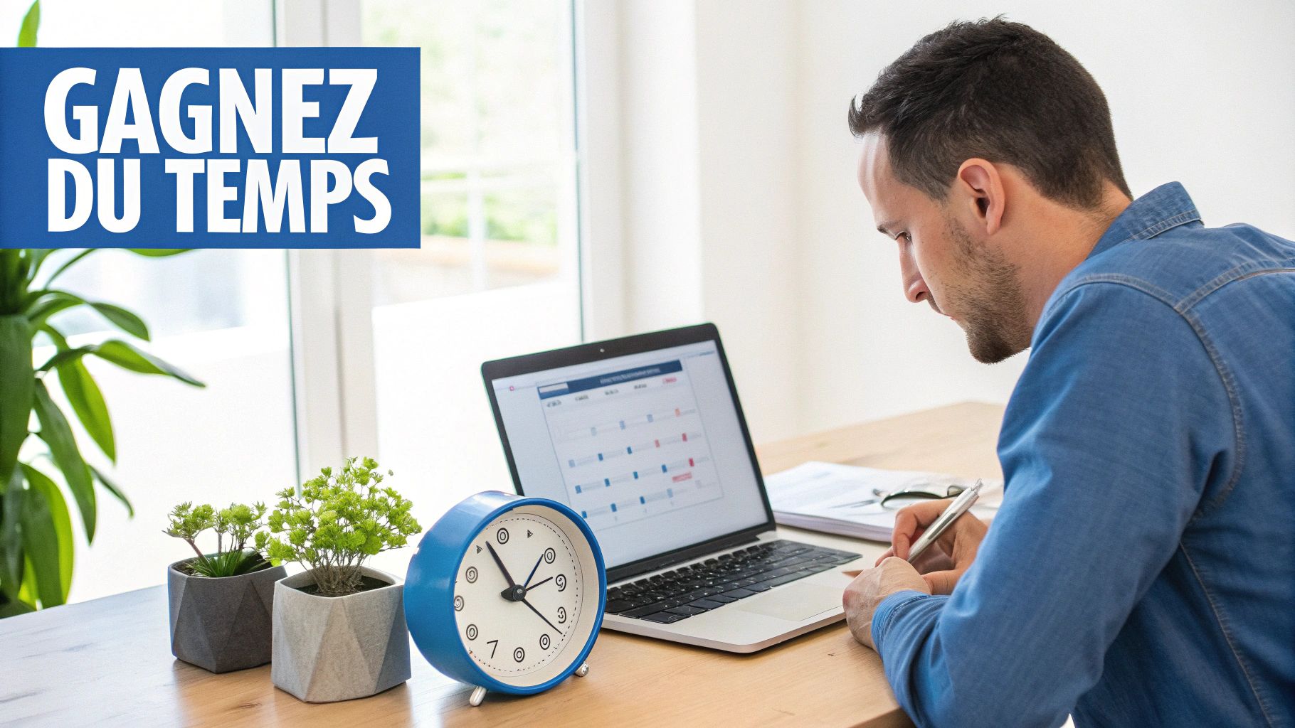 Homme concentré travaillant sur un ordinateur portable et écrivant sur un bureau avec une horloge et des plantes. Le texte indique "Gagnez du temps".
