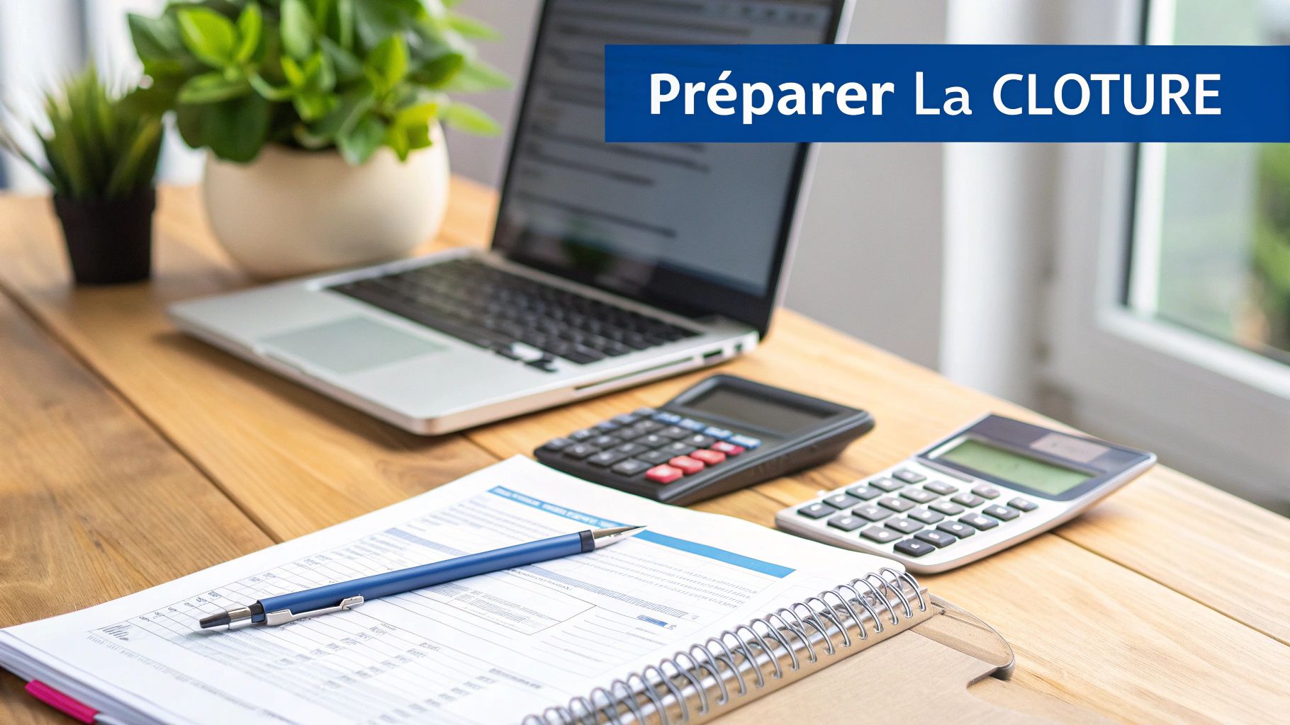 Image d'un bureau avec un ordinateur portable, des documents, des calculatrices et un stylo. Le texte "Préparer La CLOTURE" est affiché.