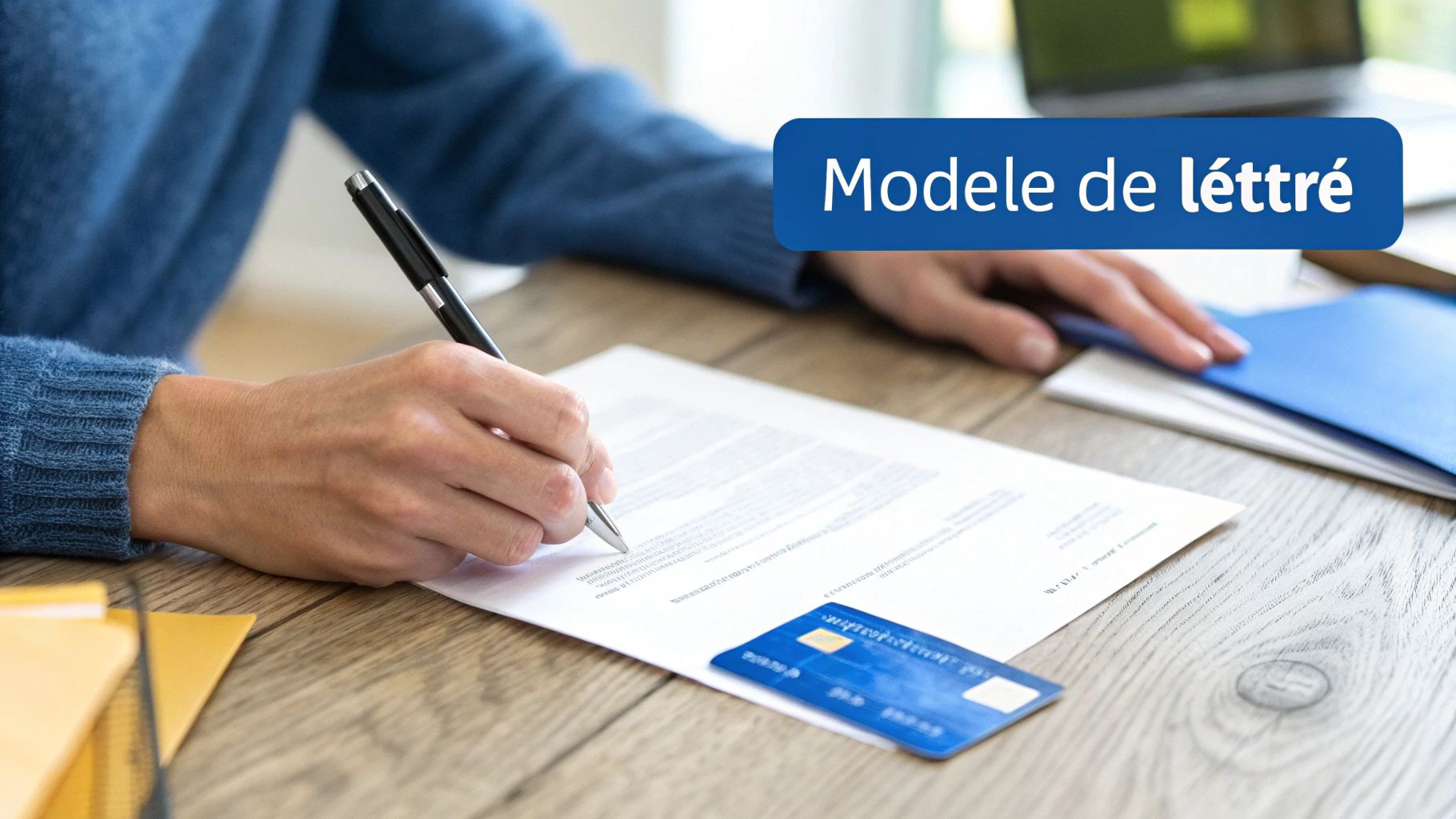 Gros plan sur une personne rédigeant un document, avec un stylo, une carte bancaire et des dossiers sur une table en bois.
