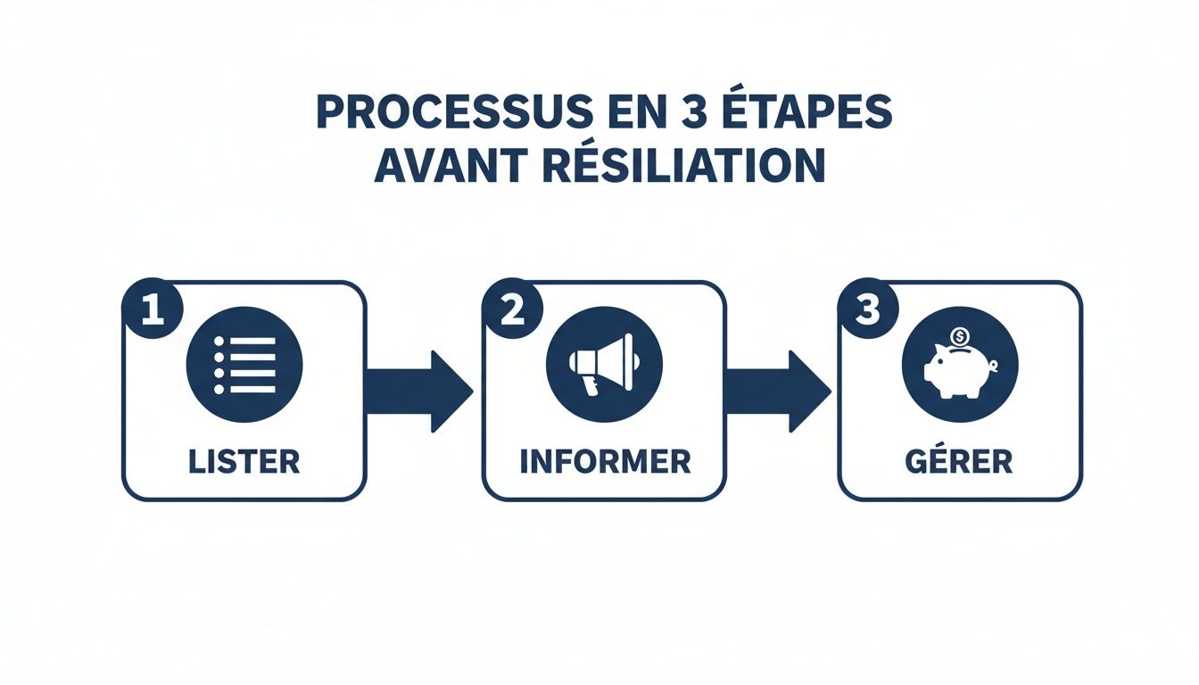 Infographie claire présentant les 3 étapes d'un processus avant résiliation : Lister, Informer, Gérer.