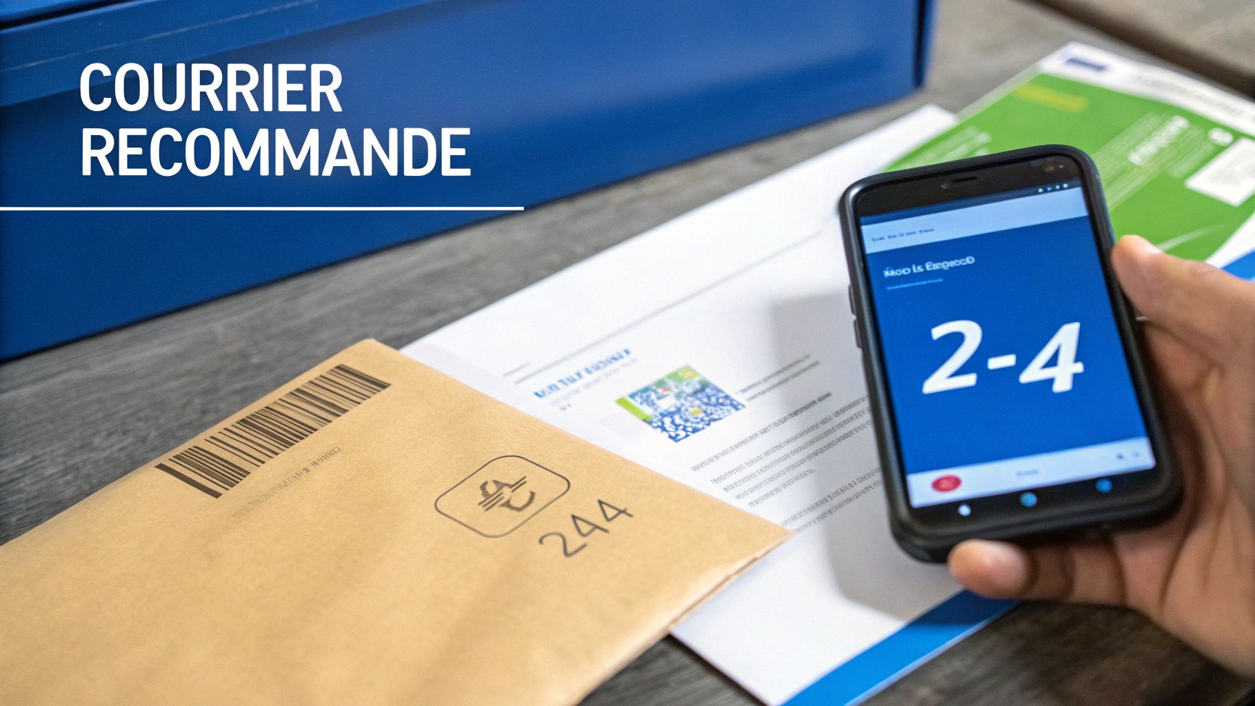 Main tenant un smartphone affichant un numéro, à côté d'une enveloppe et de documents de courrier recommandé.