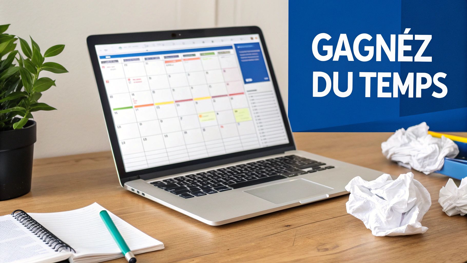 Un ordinateur portable affiche un calendrier numérique sur un bureau en bois, entouré de fournitures de bureau et du texte "Gagnez du temps".