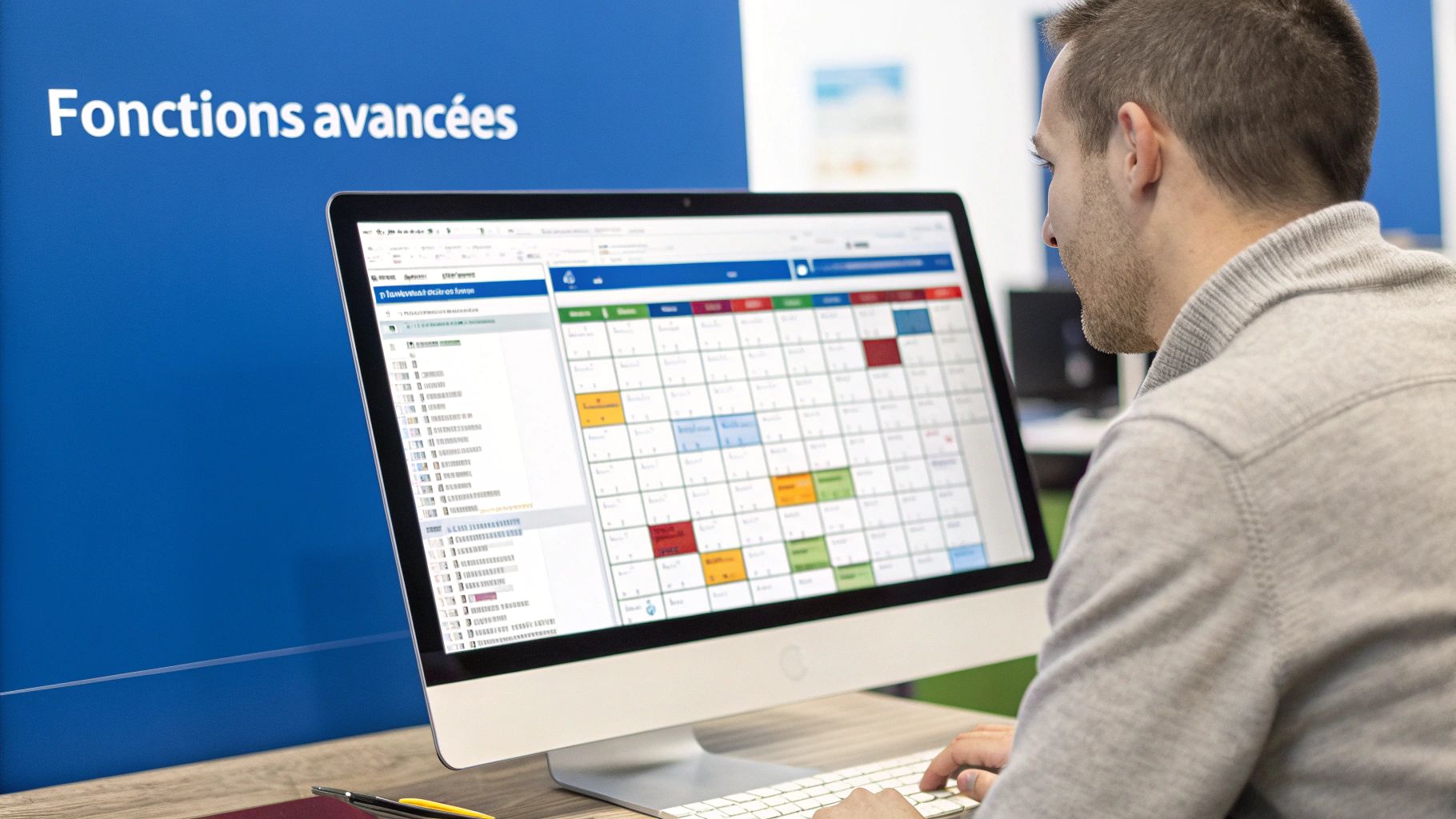 Un homme travaille attentivement sur un écran d'ordinateur affichant un calendrier, avec des 'Fonctions avancées' sur fond bleu.