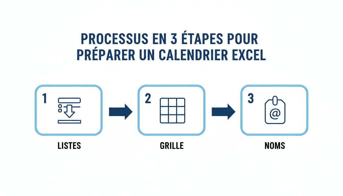 Diagramme explicatif en 3 étapes pour créer un calendrier Excel : listes, grille et noms.