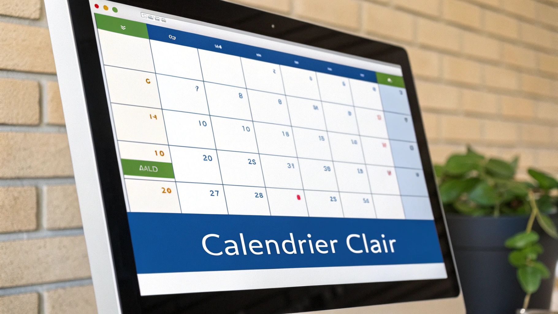 Un écran d'ordinateur affiche une application de calendrier numérique avec le titre "Calendrier Clair" et diverses dates.