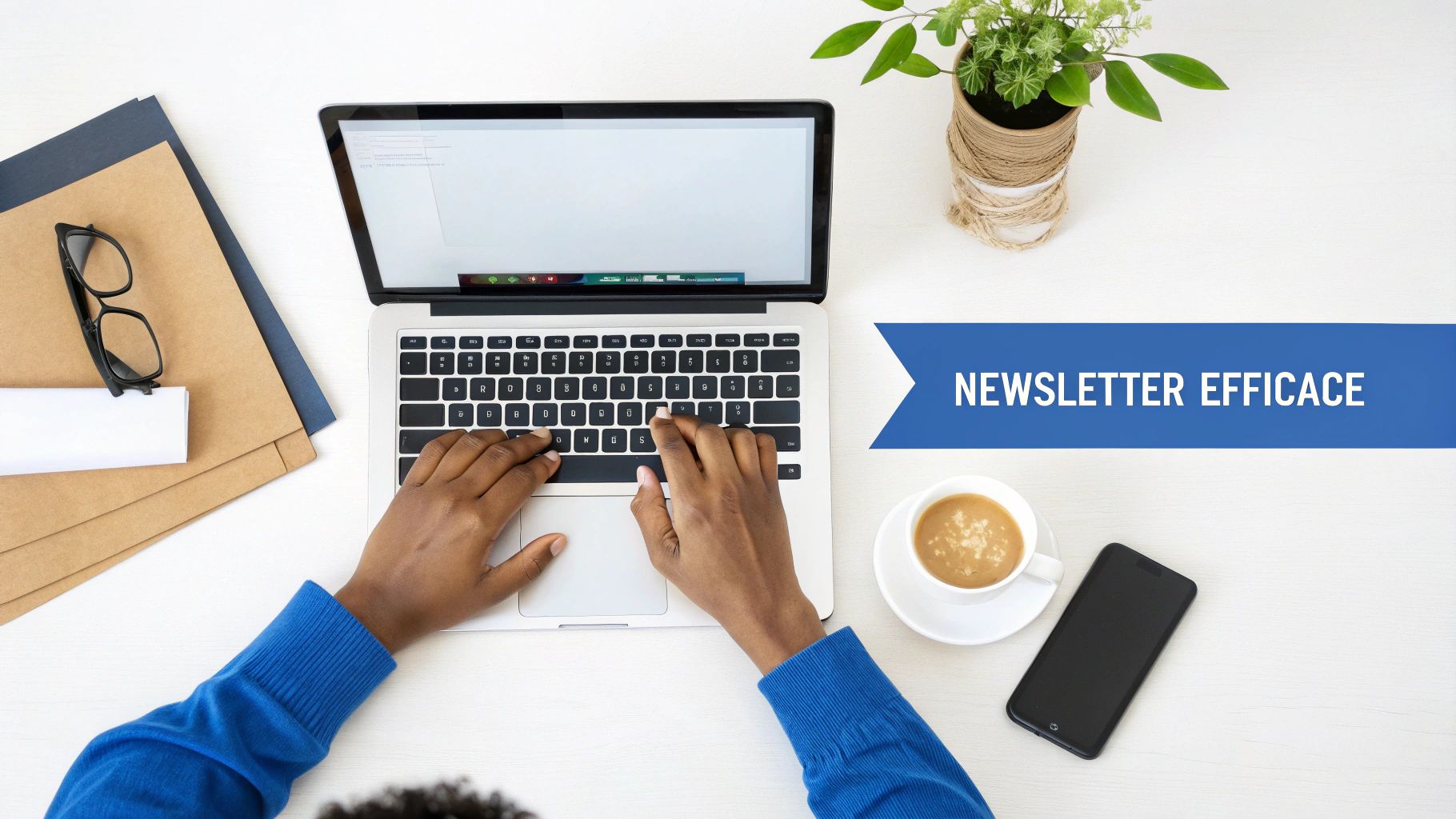 Vue de dessus d'un bureau avec ordinateur portable, café, téléphone, lunettes et le texte 'NEWSLETTER EFFICACE'.