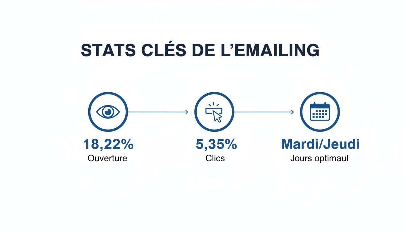 Statistiques clés d'emailing : taux d'ouverture (18,22%), taux de clics (5,35%) et jours d'envoi optimaux (Mardi/Jeudi).