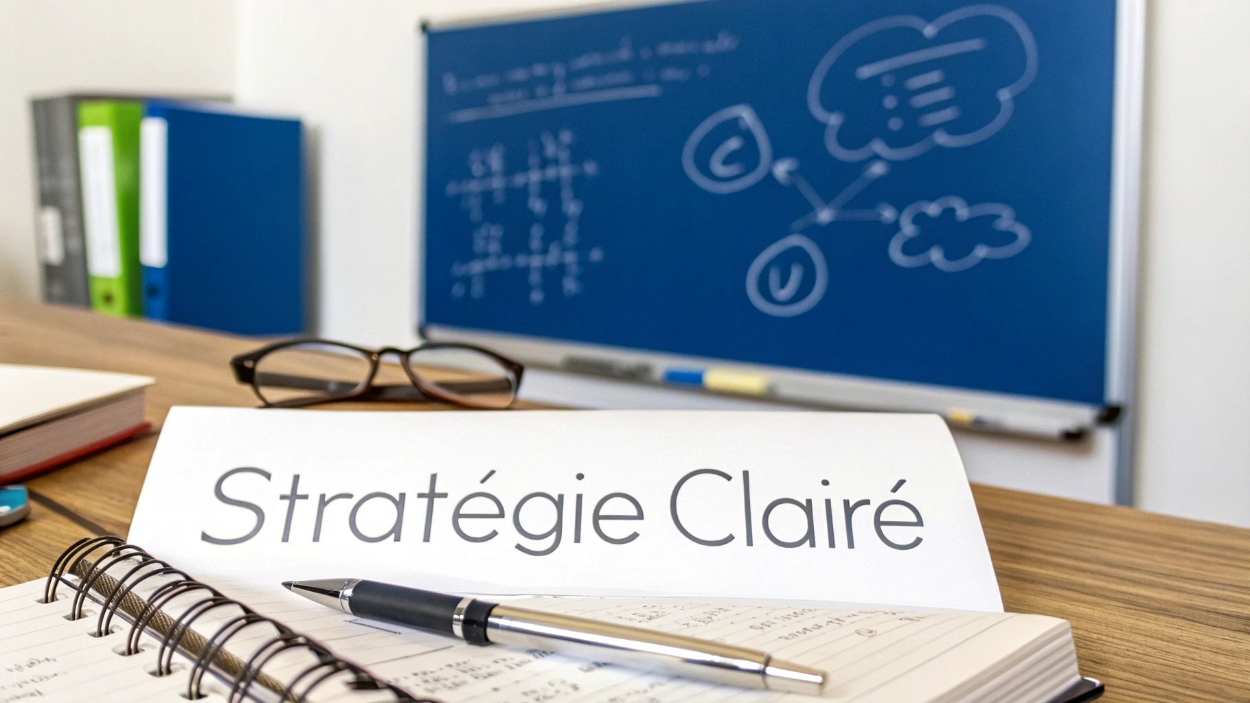 Un document affichant "Stratégie Claire" sur un bureau avec un carnet, un stylo et des lunettes, devant un tableau blanc flou avec des schémas.