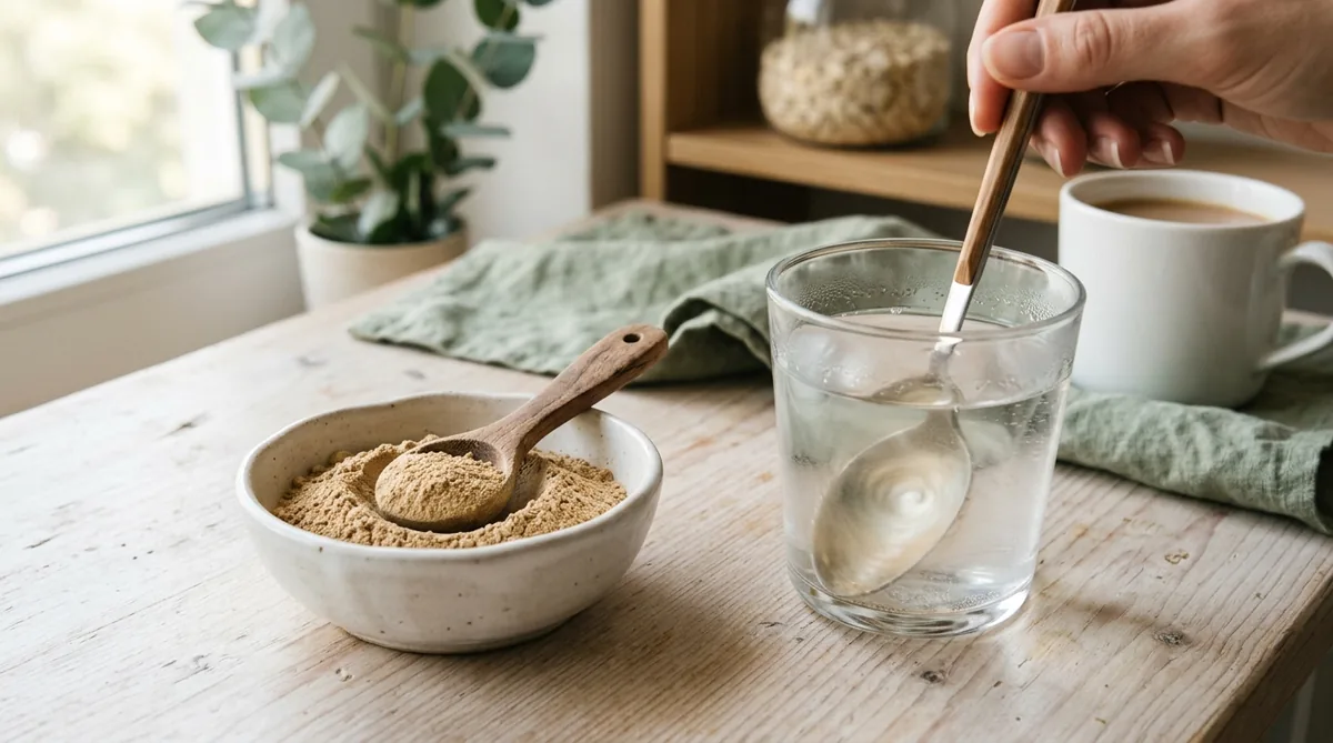Ground black psyllium being stirred into a glass of water