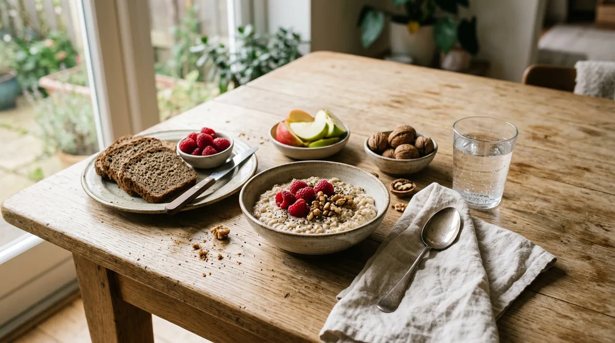 Fibre in the diet: wholegrain bread, porridge, fruit and nuts on a table
