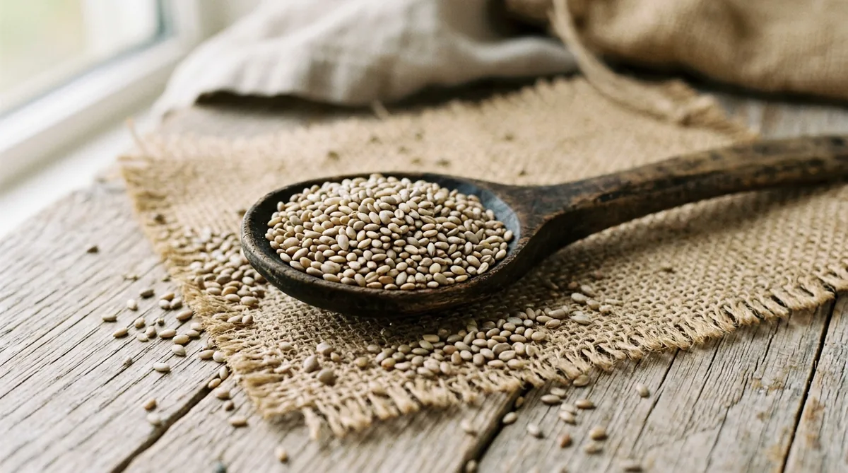 Whole black psyllium seeds on a wooden spoon