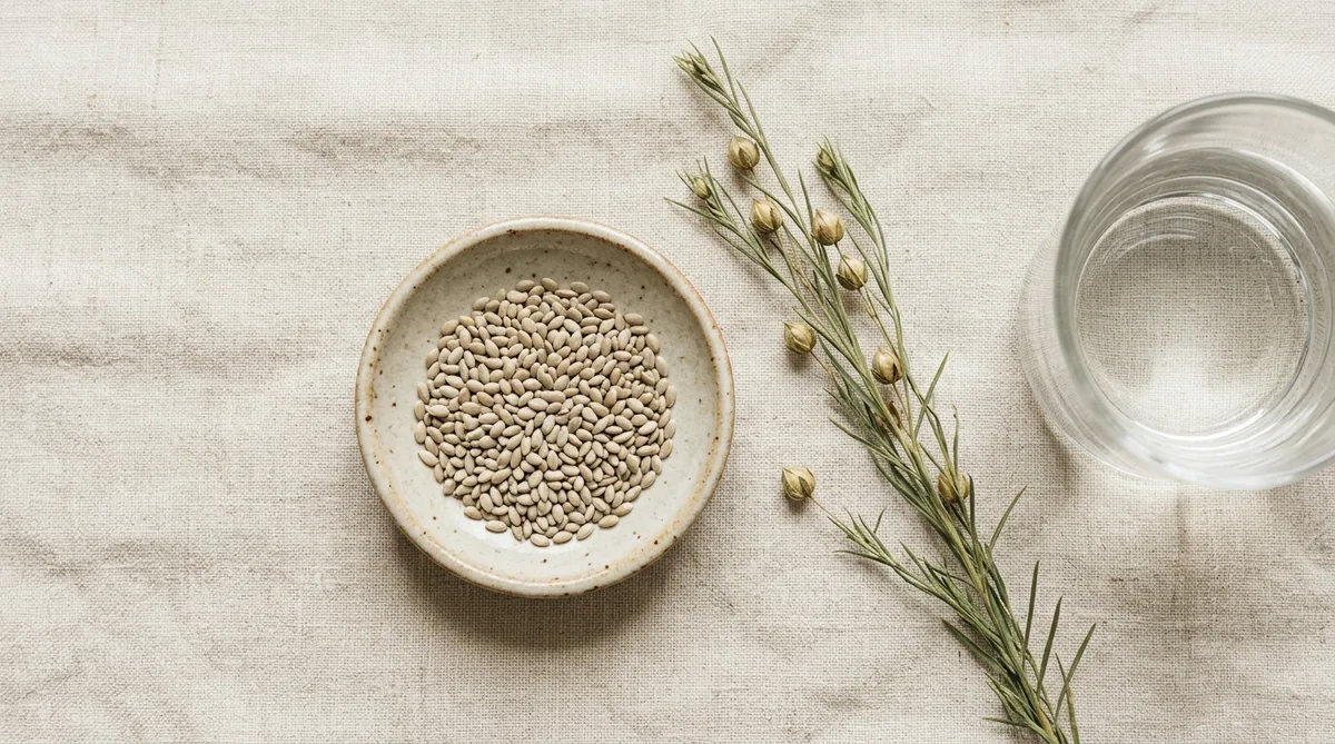 Black psyllium seeds in a bowl beside a sprig of the plant and a glass of water