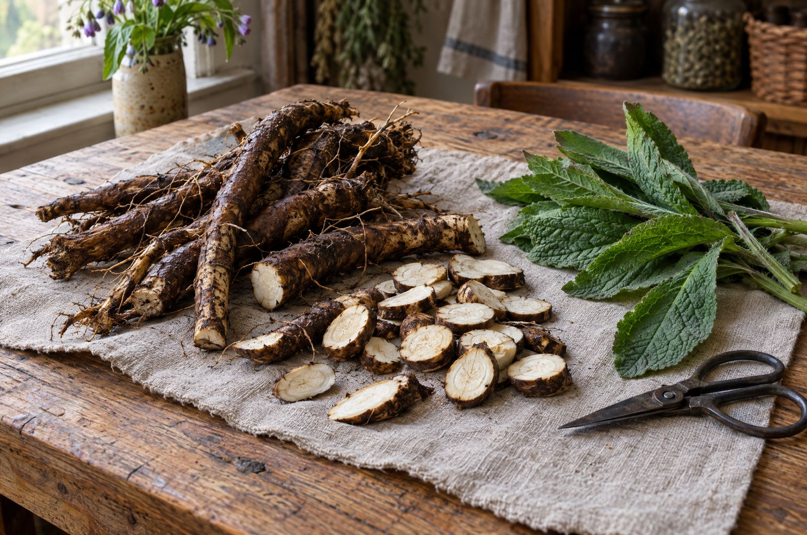 Comfrey root sliced into rounds, with fresh leaves of the plant beside it