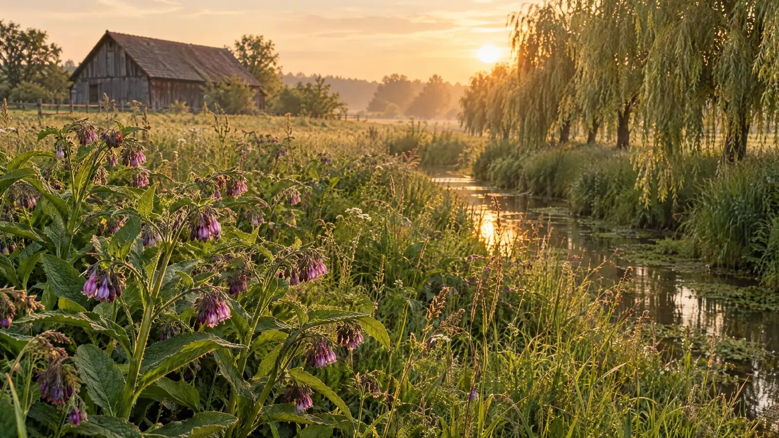 Common comfrey flowering by a stream at sunrise