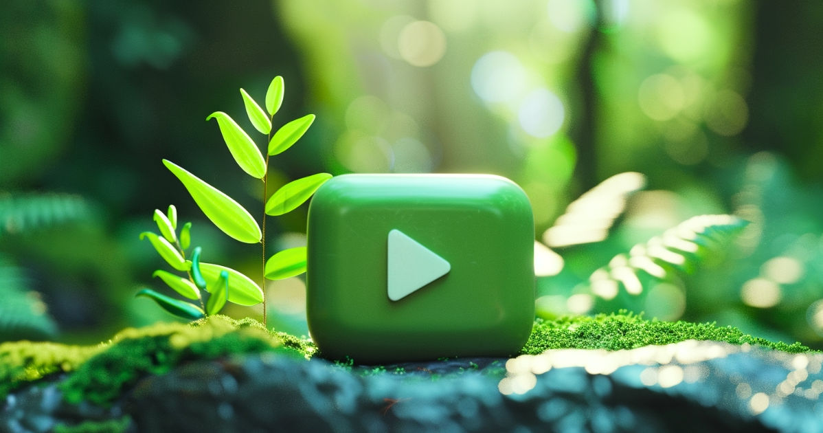 green video player: a green play button in the midst of nature