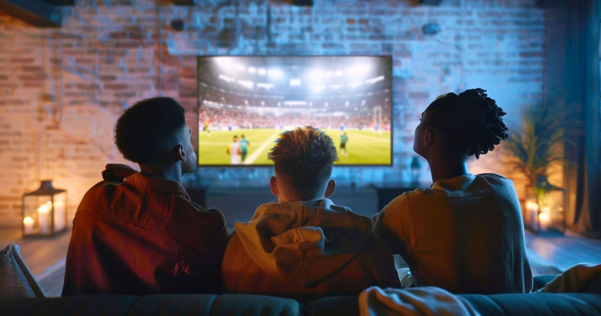 group of friends watching a football match on tv with server-side ad insertion
