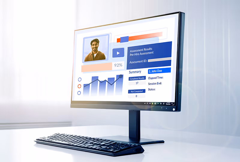 eSkill Pre-Employment assessment reporting dashboard displayed on desktop computer
