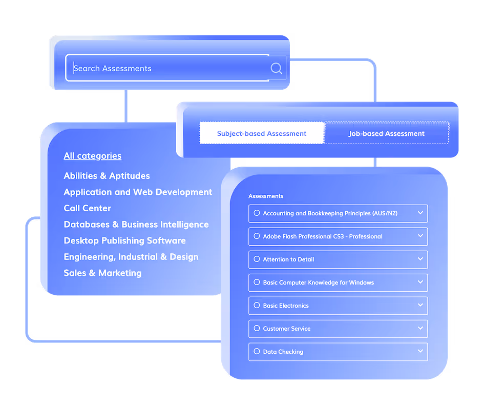 eSkill graphic showing the options to search the assessment library and filter based on subject-based assessments and job-based assessments