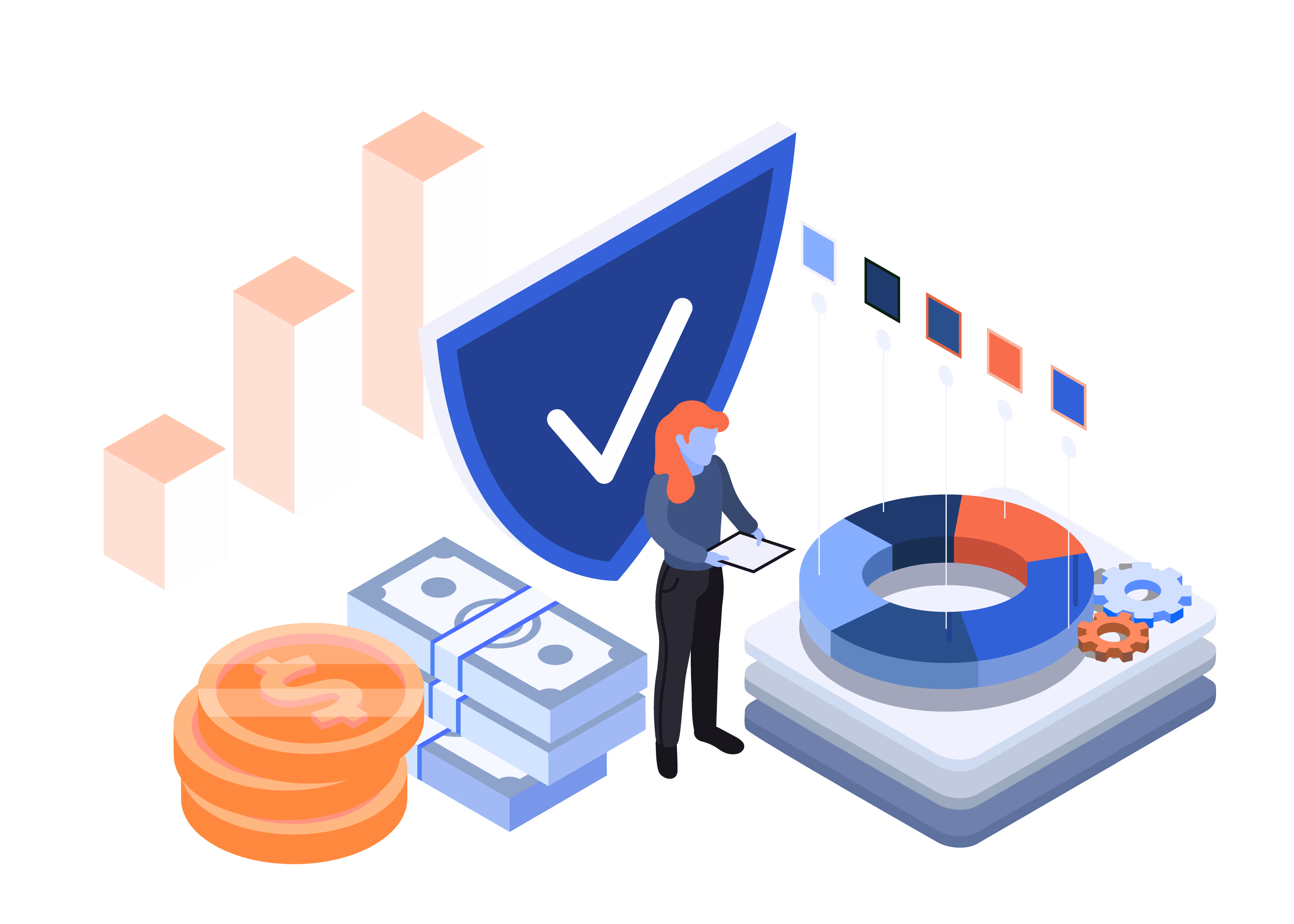 eSkill Cost Savings Calculator graphic of red-haired cartoon-style person looking at paper by a pie chart displaying different colors, stacks of bills, coins, a bar graph, and a check mark
