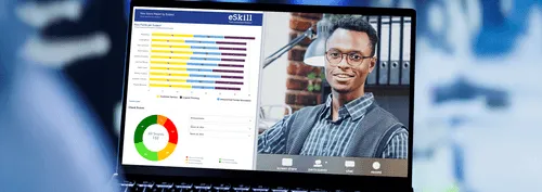 Laptop showing eSkill's Raw Score Report by Subject report on left side of screen and a video chat on the right side