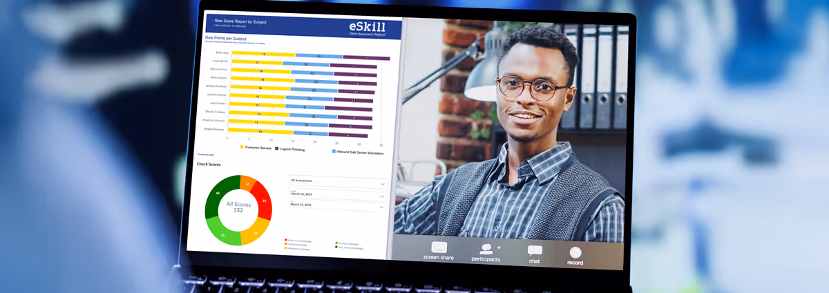Laptop showing eSkill's Raw Score Report by Subject report on left side of screen and a video chat on the right side